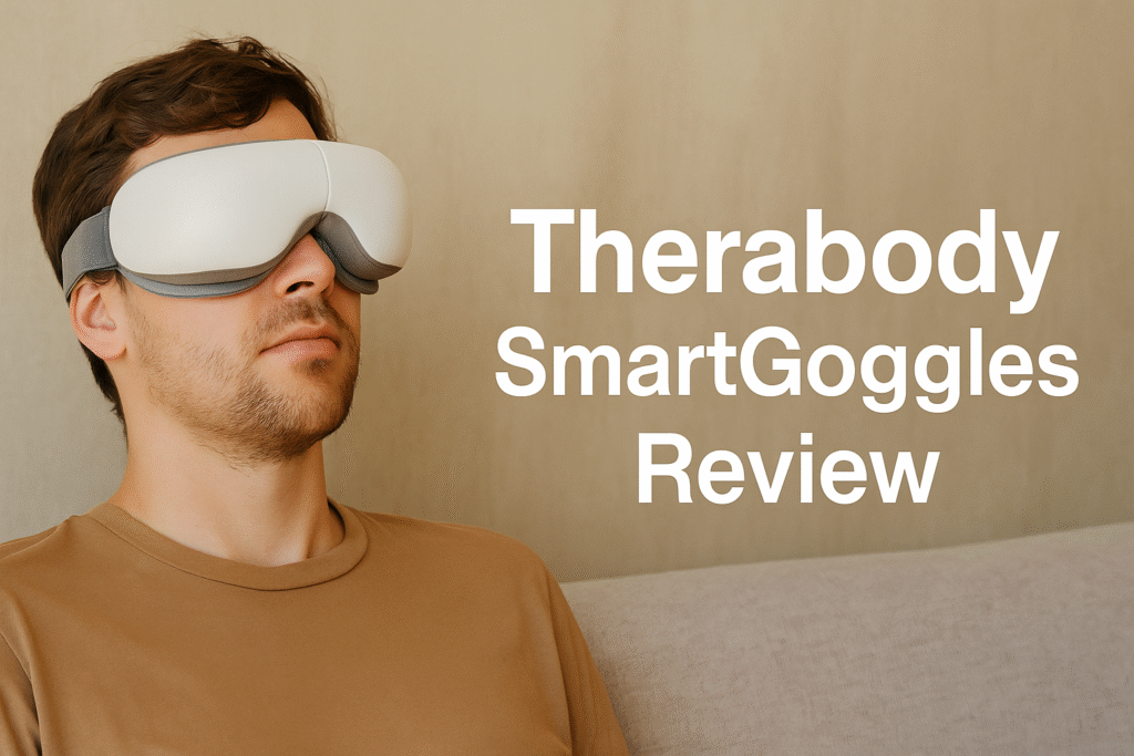 A man sitting on a sofa wearing Therabody SmartGoggles, relaxing with his head slightly tilted, showcasing the product’s modern design. Text on the right reads ‘Therabody SmartGoggles Review’.”
