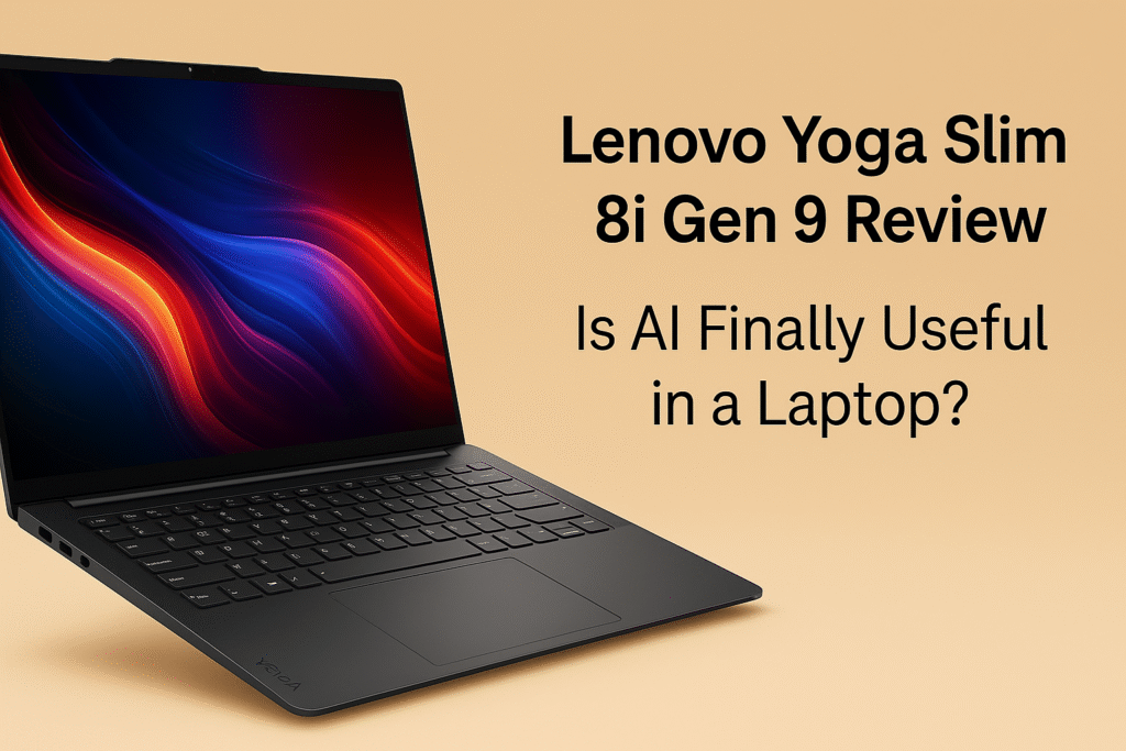 AI-powered Lenovo Yoga Slim 8i Gen 9 laptop placed on a desk with modern tech setup – sleek, lightweight, and perfect for creators and professionals.