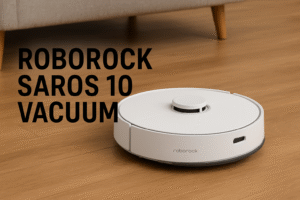 White Roborock Saros 10 robot vacuum on a light wood floor near a sofa, with bold black text reading “Roborock Saros 10 Vacuum” in the top left corner.