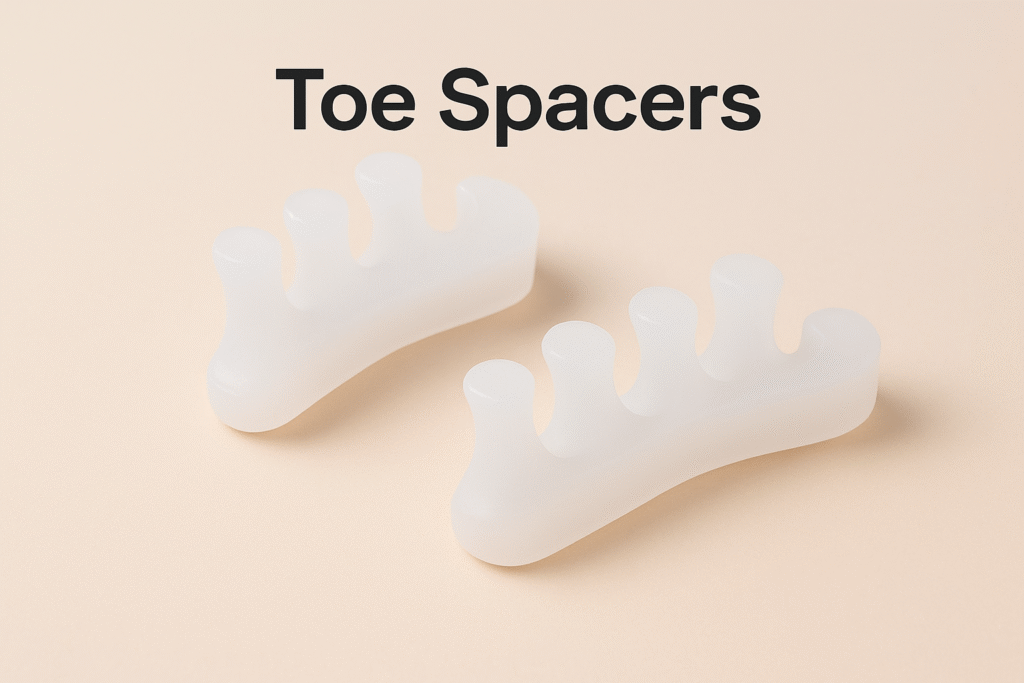 A pair of soft white silicone toe spacers placed on a beige background, designed to align toes and improve foot health.”