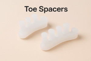 A pair of soft white silicone toe spacers placed on a beige background, designed to align toes and improve foot health.”