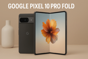 A digital render of the Google Pixel 10 Pro Fold smartphone showcasing its sleek foldable design, dual-screen display, and premium build in 1366×768 resolution