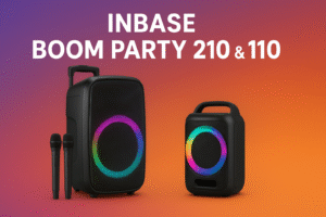 A stylish Inbase Boom Party 210 speaker with LED lights and karaoke mics, showcasing its festival-ready design for your blog at 1366×768 px."