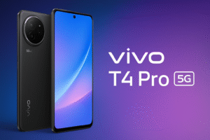 A digital advertisement image showcasing the Vivo T4 Pro 5G smartphone with a sleek modern design, large edge-to-edge display, and premium finish, highlighting its advanced features and 5G connectivity. Voice