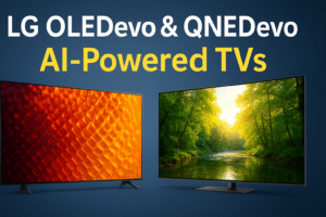 "A promotional digital graphic showcasing LG OLEDevo and QNEDevo AI-powered TVs with OLED and QNED display technology."